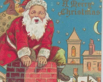 Christmas Postcard Comical Santa Claus Stuck in Chimney Embossed Card