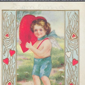 Valentine Postcard Cupid Holding Giant Heart Embossed Card