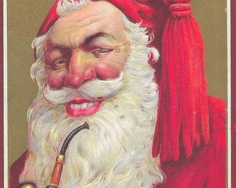 Christmas Postcard Santa Claus in Red Suit Holding Pipe Embossed Gold Series 213D