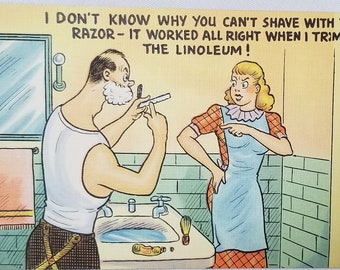 Vintage 1950s Comic Linen Postcard: Husband vs Razor Satire