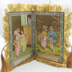 Christmas Silk Fringe Booklet Card Children Couple and Poem