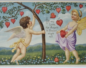 Valentine Postcard Cupid and Fairy with Butterfly Wings Collecting Hearts from Tree Early Undivided Card