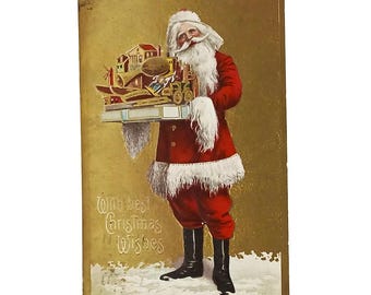 Vintage Santa Claus Holding Toys Christmas Postcard |Antique 1909 Gold Embossed St Nick Series 525