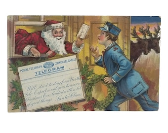 Antique Christmas Postcard, Santa Telegram at Workshop, Postal Mail Special Delivery