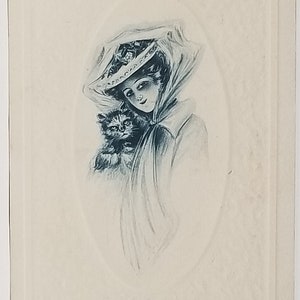 Artist Postcard Gibson Girl Style Woman Holding Kitten Blue Embossed Sepia Tone Card