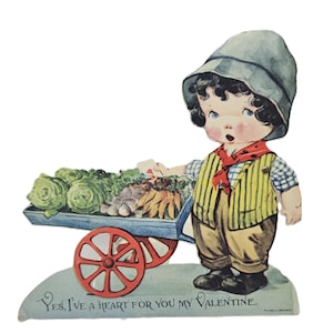 Vintage Mechanical Die Cut Valentine Card, 1930s German Valentine's, Little Boy with Vegetable Cart