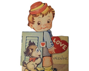 Antique Vintage Die Cut Valentine Card Little Boy in Hat with Puppy Dog