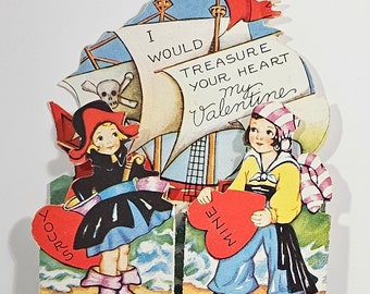 Vintage Die Cut Valentine Card Opens Poem for Pirate Girl and Boy