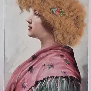 Real Hair Postcard Portrait of Woman Applied Hair Artist Signed Series 2609