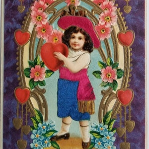 Valentine Postcard Child Holding Heart Wearing Silk Applied Clothes Embossed Card image 1