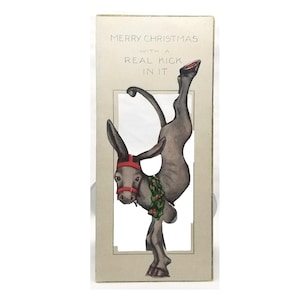 Vintage Merry Christmas Comical Die Cut Card Kicking Donkey