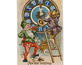 New Year's Postcard Gold Embossed Card Elves Celebrating and Cleaning Giant Clock