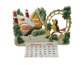 Large Vintage German Die Cut Heavy Embossed Calendar Winter House Bird