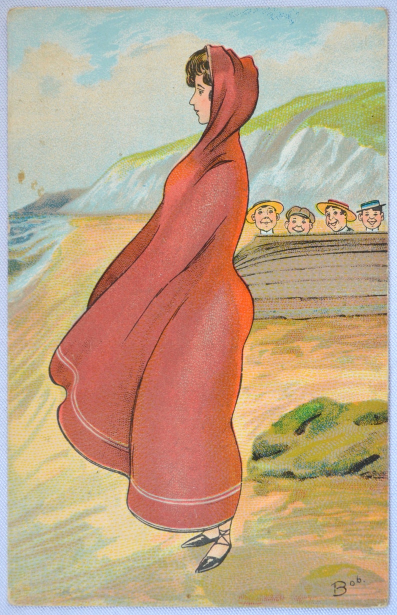 Artist Postcard Woman Standing at Water/'s Edge Boys Hiding Behind Rock Signed Bob European Publishing