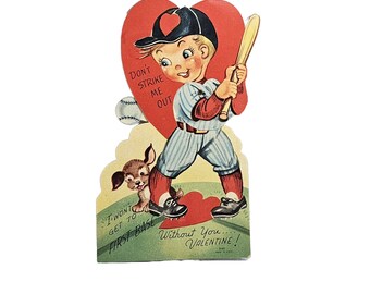 Larger Sized Mechanical Valentine Card Boy Swinging at Baseball with Puppy Dog Watching at Feet