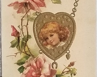 Valentine Postcard Artist C. Klein (Catherine) Portrait of Girl in Embossed Heart with Flowers