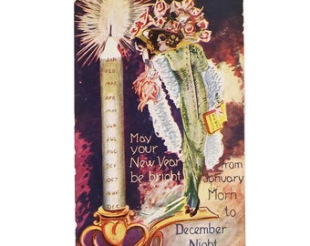 Vintage New Year Postcard | Art Nouveau Woman Lighting Candle