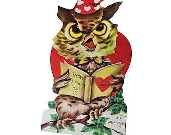 Vintage Die Cut Mechanical Valentine Card Owl Wearing Sleeping Cap Reading Book