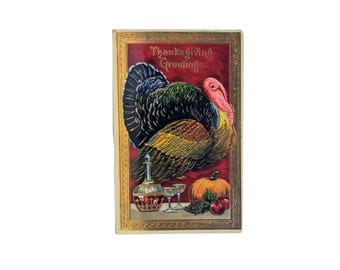 Thanksgiving Postcard Gold Embossed Turkey Bird w/ Wine & Food Gel Finish 7043