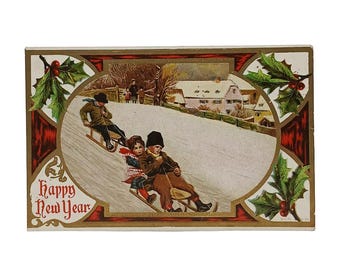 New Year's Postcard, Gold Embossed Card, Children Sledding, Holly Border