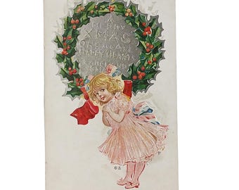 Vintage Owen Christmas Postcard | Embossed Victorian Girl in Pink Dress