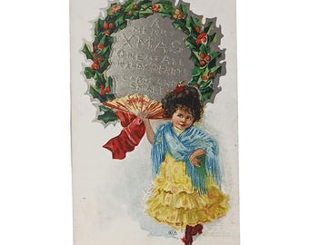 Vintage Owen Christmas Postcard | Embossed Victorian Girl with Fan
