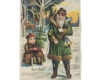 Antique Christmas Postcard, Santa in Green Robe, Old World Santa & Child in Snow, Swedish Card