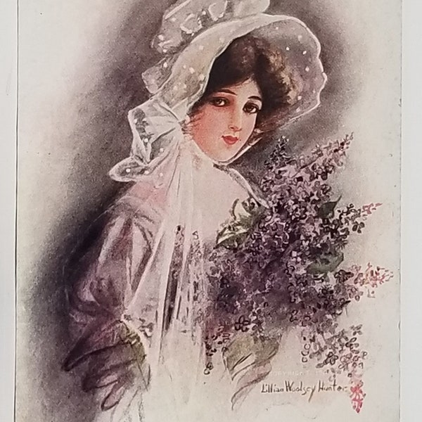 Artist Signed Postcard Woman in Purple Holding Lilacs Art Nouveau Lillian Woolsey Hunter National Art Company