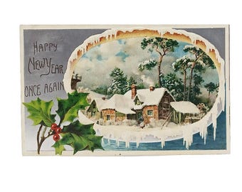 New Year's Postcard Silver Embossed Home in Snow