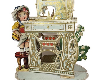 Antique Die Cut 3D Fold Out Valentine Card Artist Chloe Preston Little Girl at Giant Sewing Machine