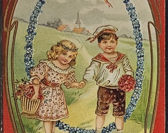 Easter Postcard Little Boy & Girl Walking on Lane Red Background Gold Gilt Flowers Germany