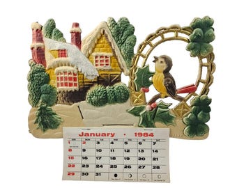 Large Vintage German Die Cut Heavy Embossed Calendar Winter House Bird