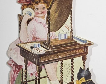 Antique Die Cut Mechanical Valentine Card Little Girl with Powder Puff at Vanity Mirror While Black Kitty Cat Watches