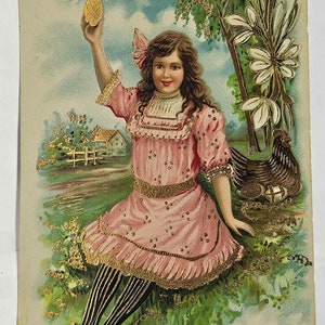Easter Postcard Little Girl in Pink Dress Holding Egg Gold Embossed Series 230 Germany