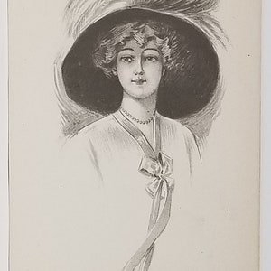 Woman Portrait Artist Postcard Lady in Victorian Gown Large Hat Black & White Monochromatic Card