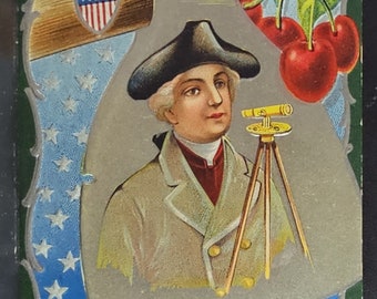 Patriotic Postcard George Washington Birthday Series Silver Embossed Axe with Cherries Green Background