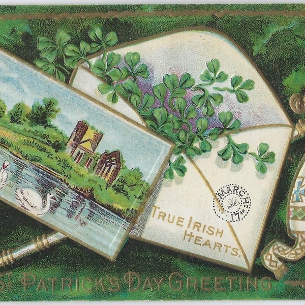 Saint Patrick's Day Postcard Envelope with Flowers Gold Embossed Shield True Irish Hearts