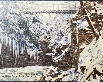 Vintage Watkins Glen State Park Linen Postcard: Winter Suspension Bridge