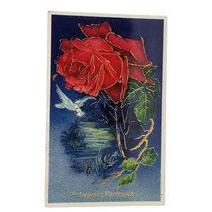 Happy Birthday Postcard Red Rose Blue Background Gold Highlights Gel Finish Series 7064