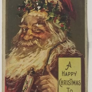 Christmas Postcard Santa Claus in Red Suit Holding Pipe Gold Background Jules Bien Pub 1908 No 500