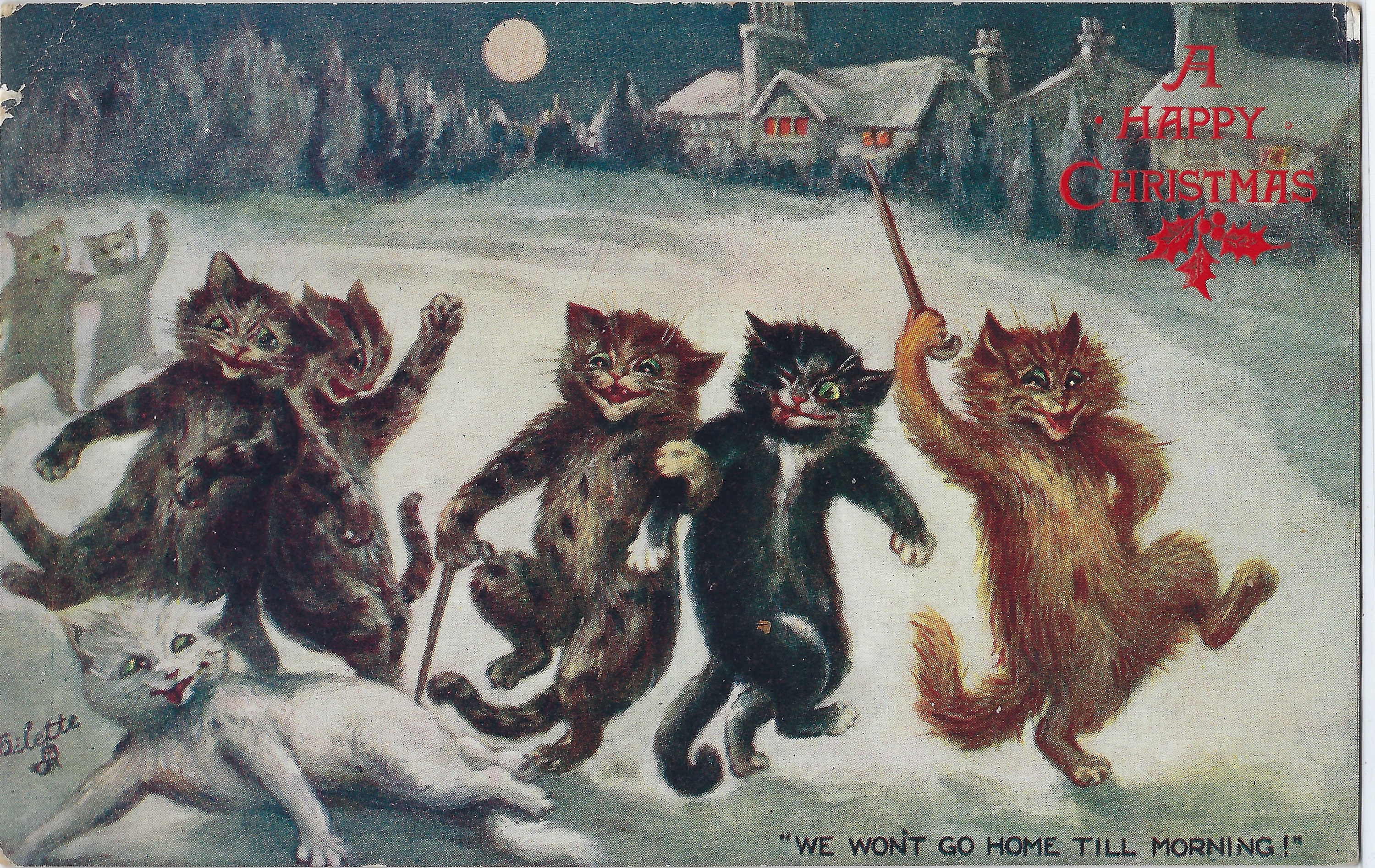 Cat's Christmas Party, Louis Wain Holiday Postcard