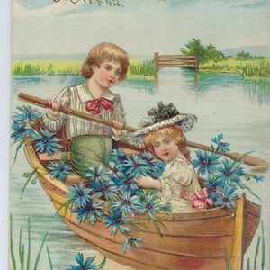 Congratulations Postcard Embossed Gold Highlights Two Children Boy and Girl in Boat with Flowers