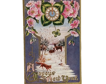 Vintage New Year Postcard | Gold Embossed Deer & Fox in Snowy Landscape