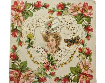 Antique Vintage Die Cut Valentine Card Paper Lace Heart Over Little Girl Portrait with Pink & Red Flowers