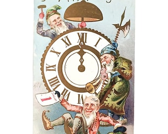New Year's Postcard Elves Working on Time Clock Embossed Gold Germany
