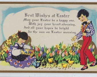 Easter Postcard Art Deco Style Children Finding Eggs in Tulips with Baby Chicks