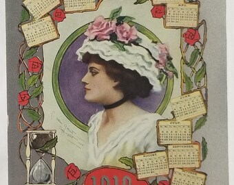 Vintage 1910 New Year's Postcard: Edwardian Gibson Girl Calendar