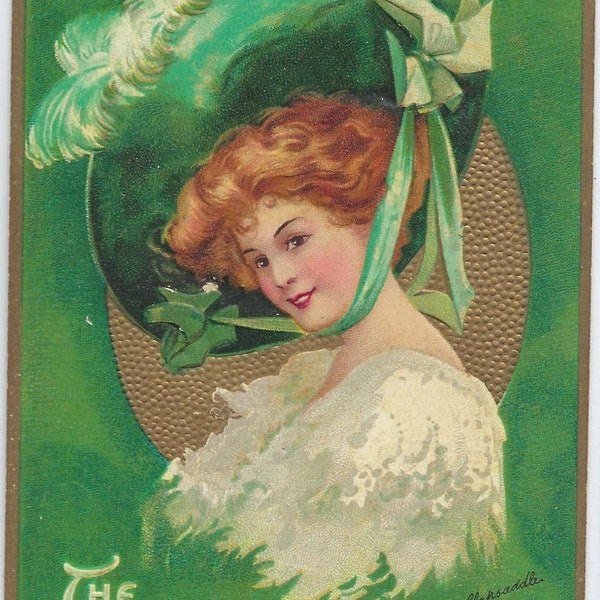 St Patricks Day Postcard Artist Ellen Clapsaddle Gold Embossed Woman in Bonnet The Wearing of the Green