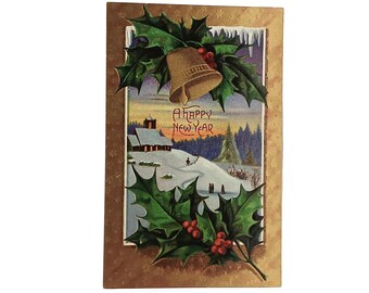 New Year Gold Embossed Postcard Series 1480 Bells Holly in Snowy Landscape