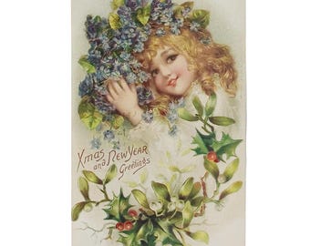 Antique Brundage New Year Christmas Postcard | Little Girl Holding Flowers